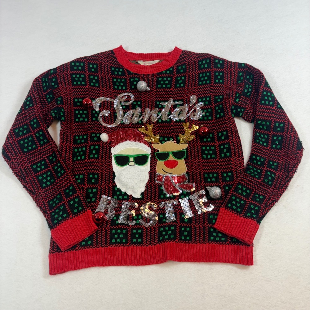 Ugly Christmas Sweater Party Women's M Red Santa Reindeer Sequin Ornaments 3D